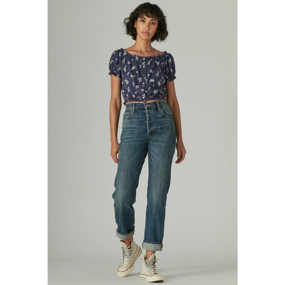 Lucky Brand Feminine Bubble Hem With Buttons Blouse Top navy blue floral print - Picture 6 of 11